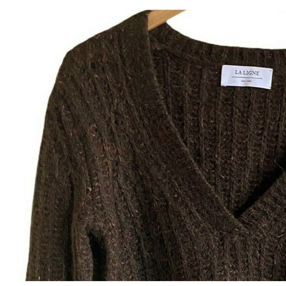 LA LIGNE Brown Sweater Fuzzy Wuzzy Pullover V-Neck Alpaca Cotton Wool Red Trim S - Picture 6 of 12